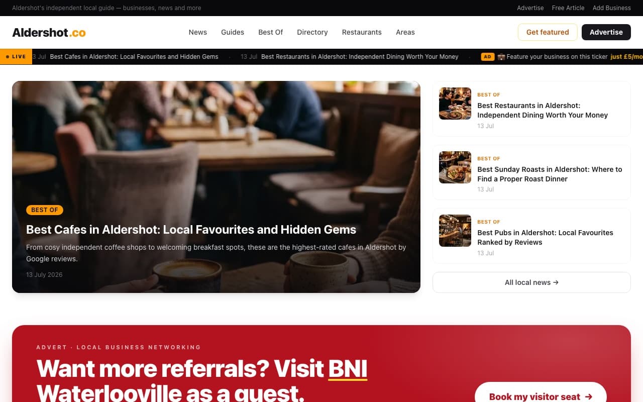 The aldershot.co homepage