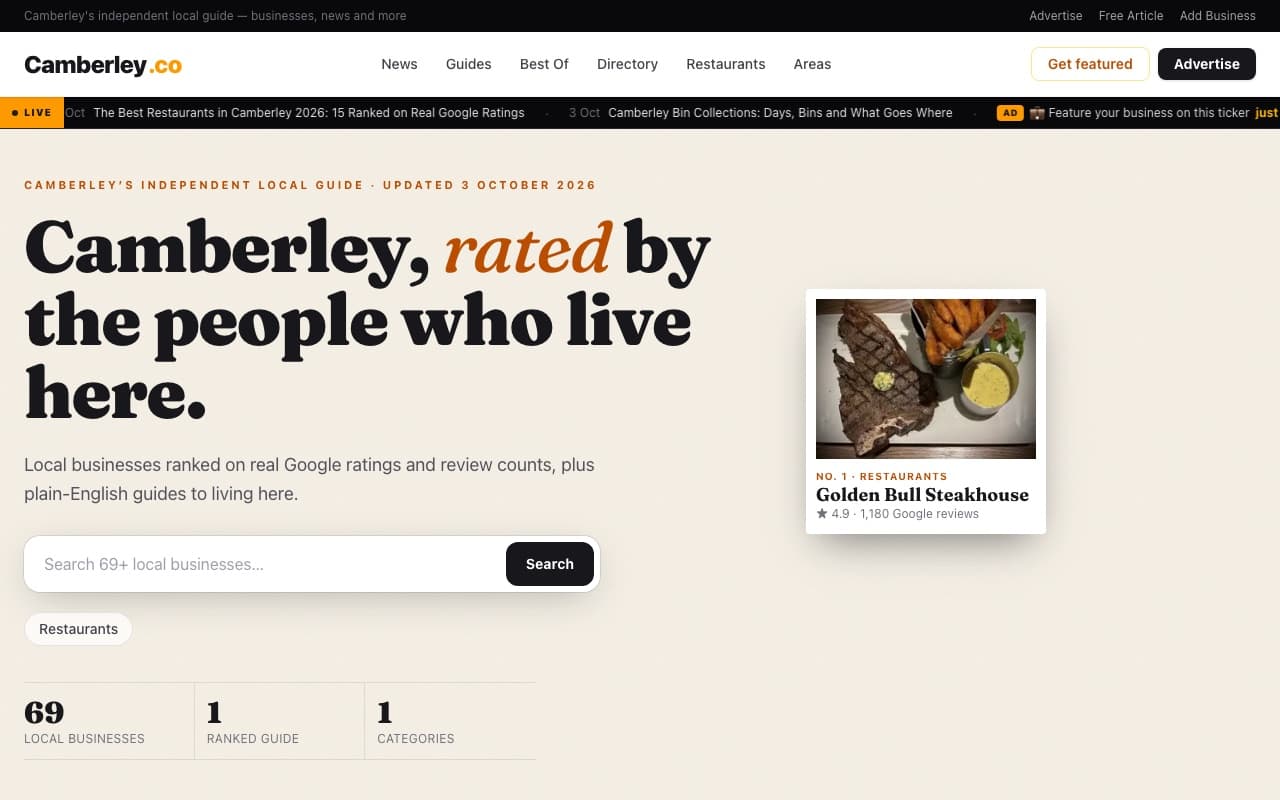 The camberley.co homepage