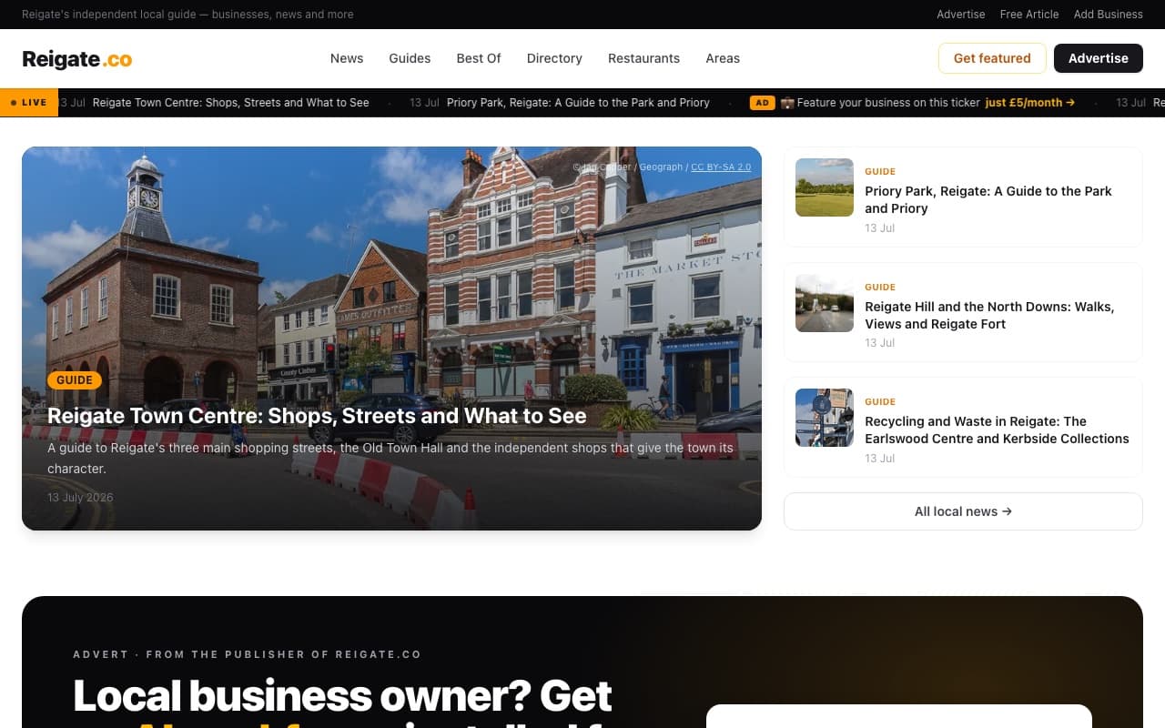 Screenshot of the reigate.co homepage
